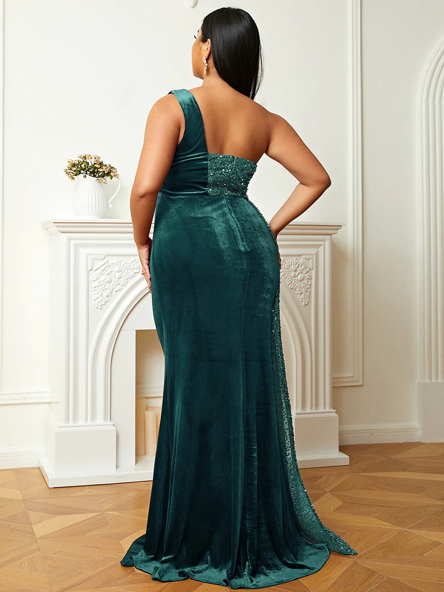 Elegant Mermaid One Shoulder Sleeveless Backless Sweep/Brush Train Plus Size Prom Dress